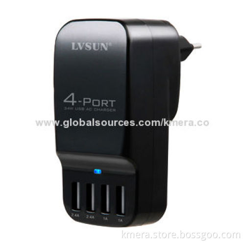 34W Portable Mobile Phone Charger, 4 Independent USB Ports, Charge 2 iPhone, 2 iPad Simultaneously